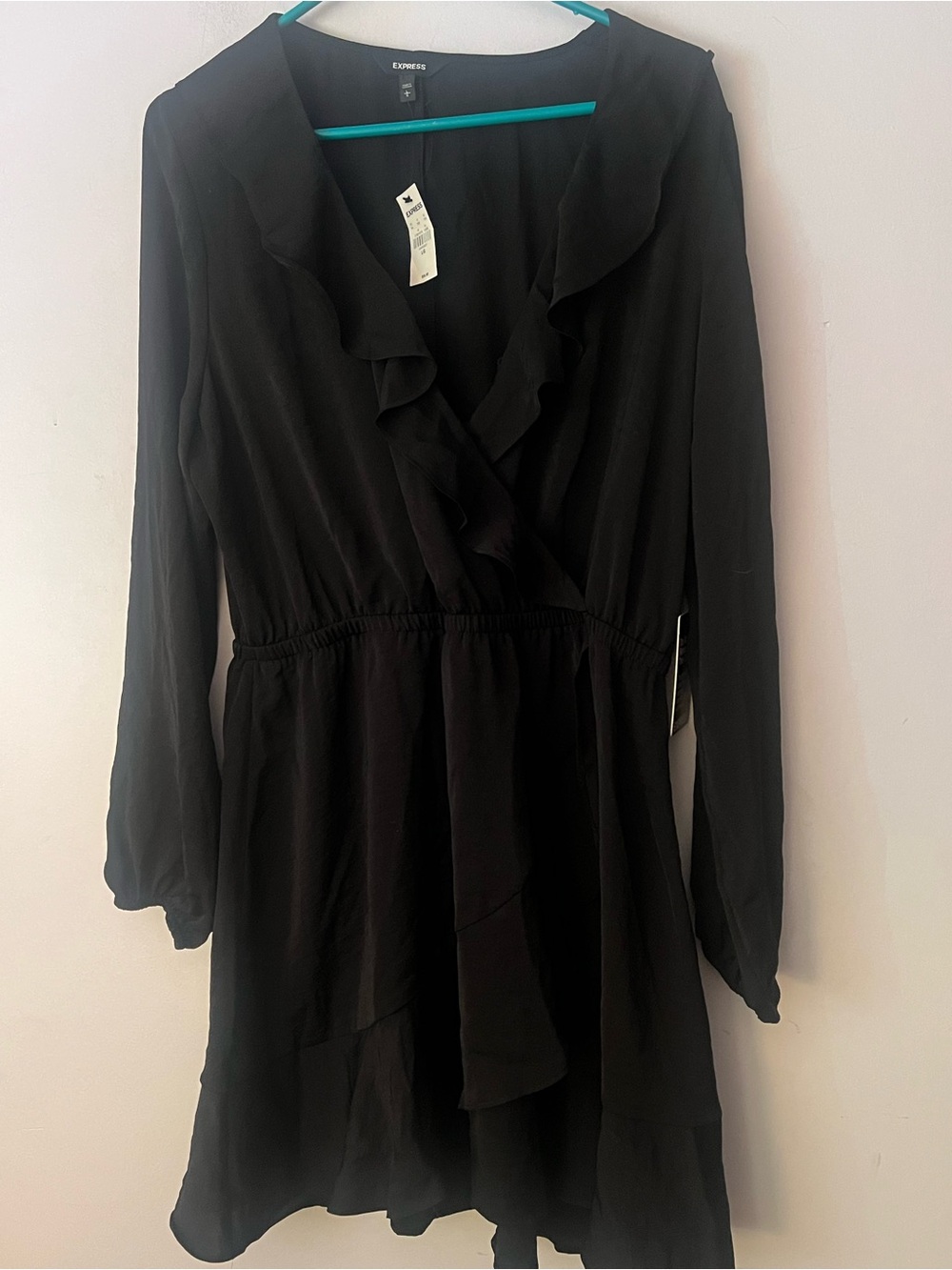 Express Black Ruffle Wrap Dress NWT Large Long Sleeve Elastic Waist Mini Dress